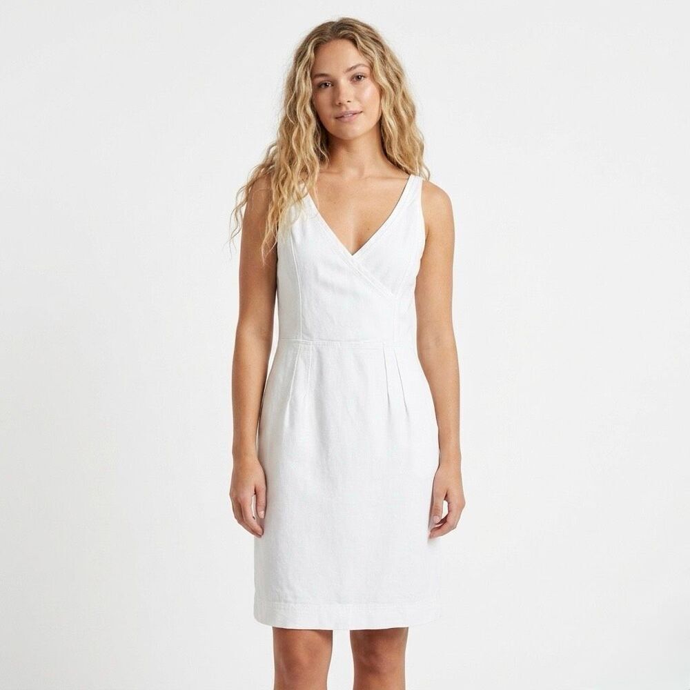 BOSS Hugo Boss White Linen Blend V-Neck Wrap Front Sheath Knee Length Dress US 6